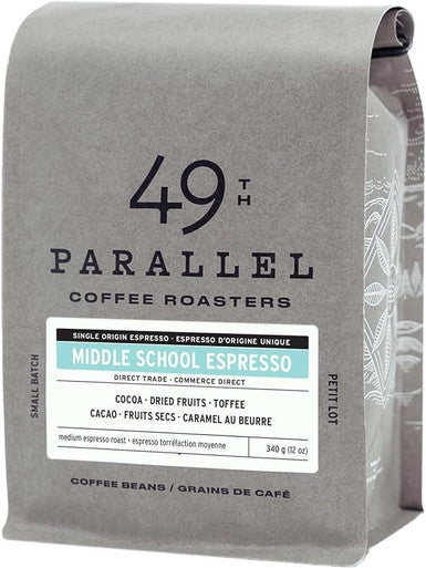49th Parallel MIDDLE SCHOOL Espresso Medium Blend Coffee Beans 0.34 kg / 0.75 lbs (6/Case)
