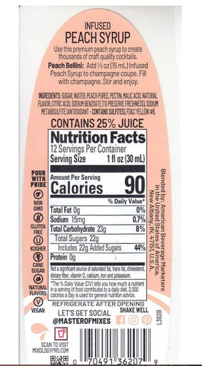 Master of Mixes 375 mL Peach Syrup - Rich Flavor from Pureed Peaches (12/Case)