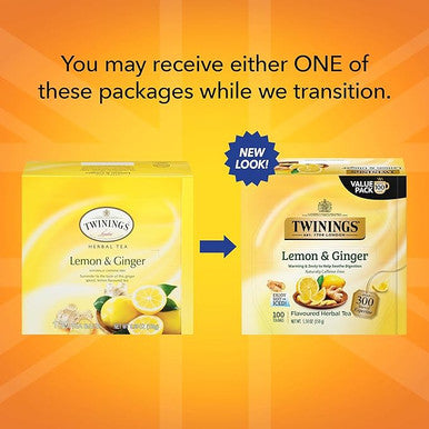 Twinings Lemon & Ginger Herbal Tea Bags Zesty Ginger Root - 100-Count Box(4/CASE)