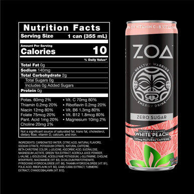 ZOA ZERO SUGAR ENERGY DRINK White Peach 12oz/355ml (12/Pack)