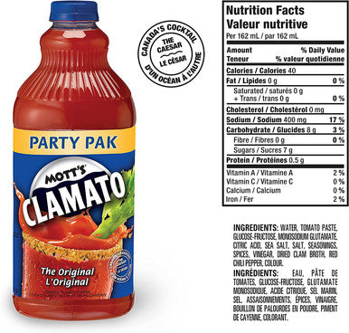 Mott's Clamato The Original, Caesar Cocktail Mix, 2.54 L Bottle, Pack of 8