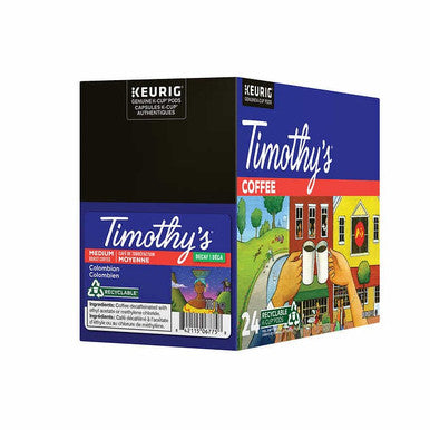 Timothy’s World Coffee Colombian Decaf Medium Roast K-Cup Pods - 96 Pods (4x24 Pack) - Flavorful Decaffeinated Delight