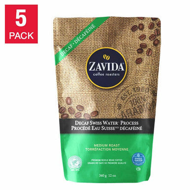 Zavida Swiss Water Decaf Whole Bean Coffee - 5 x 340 g - Rich Decaffeinated Delight