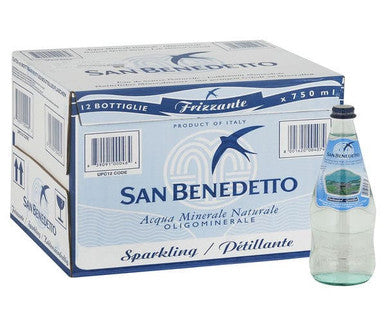 San Benedetto Carbonated Mineral Water, 750ml/25.3oz Glass Bottles (12 Pack)
