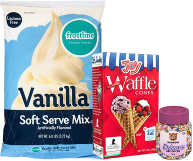 Frostline Vanilla Soft Serve Ice Cream Mix Lactose Free 6 lbs | Waffle Cones 12pk & Rainbow Sprinkles