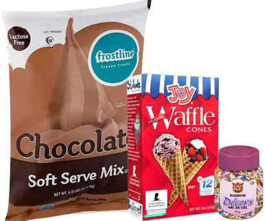 Frostline Chocolate Soft Serve Ice Cream Mix Lactose Free 6 lb | Waffle Cones 12pk & Rainbow Sprinkles