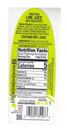 Master of Mixes 375 mL Sweetened Lime Juice - Tart, Fresh Lime Flavor (12/Case)