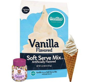 Frostline Vanilla Soft Serve Ice Cream Mix Lactose Free 6 lb | Waffle Cones 12pk & Rainbow Sprinkles