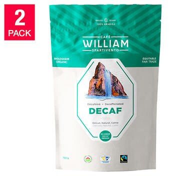 William Spartivento Naturally Decaffeinated Medium Roast Whole Bean Coffee - 2 x 750 g - Organic Fair Trade Excellence