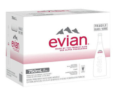 Evian Natural Spring Mineral Water, 750ml/25.3oz Glass Bottles (12 Pack)