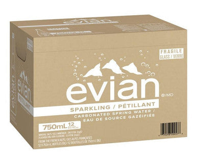 Evian Sparkling Mineral Water, 750ml/25.3oz Glass Bottles (12 Pack)