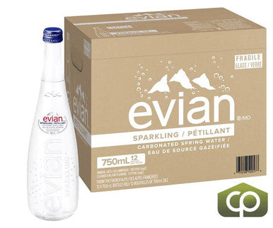 Evian Sparkling Mineral Water, 750ml/25.3oz Glass Bottles (12 Pack)