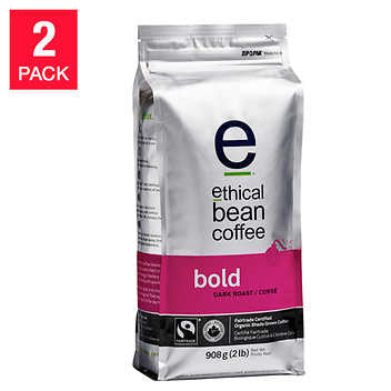 Ethical Bean Coffee Bold Dark Roast Whole Bean Coffee - 2 x 908 g - Intense and Robust Coffee Experience