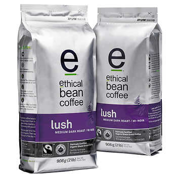 Ethical Bean Coffee Lush Medium Dark Roast Whole Bean Coffee - 2 x 907 g - Flavorful Conscious Coffee Choice