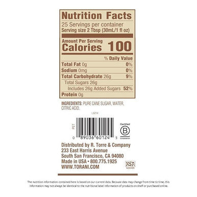 Torani Puremade Pure Cane Sugar Flavoring Syrup - 750 mL Subtle Bottle (12/Case)