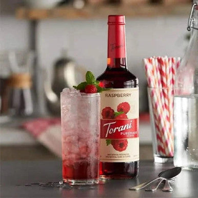 Torani Puremade Raspberry Flavoring Syrup - 750 mL of Tart Berry Bliss (12/Case)