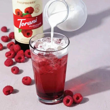Torani Puremade Raspberry Flavoring Syrup - 750 mL of Tart Berry Bliss (12/Case)
