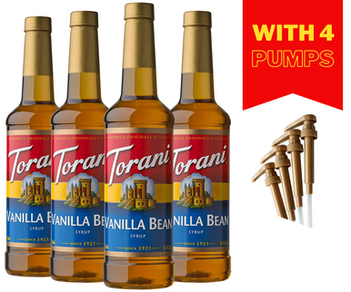 Torani Vanilla Bean Syrup, 25.4 Ounces With Pumps Bundle (Pack of 4)